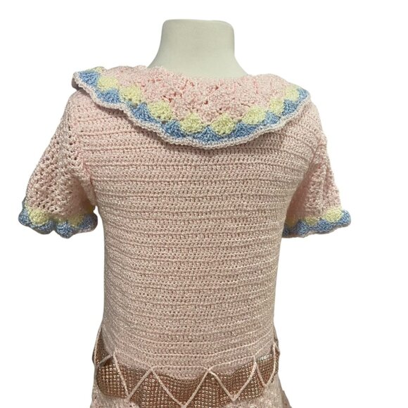Vintage Handmade Crochet women Barbie style Dress With Scallop Trim Zigzag Belt - Picture 2 of 16